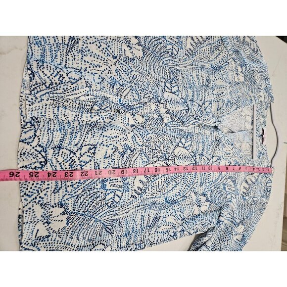 Parker Medium Silk 3/4 Sleeve Beverly Blouse Botanical Dots Floral Blue White - Picture 6 of 11